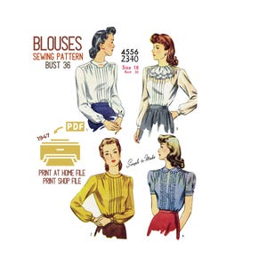 Peut inclure: Patron de couture vintage pour chemisiers. L'image présente quatre modèles de chemisiers avec différents styles, manches longues et courtes, et divers détails de col. Le texte comprend "BLOUSES", "SEWING PATTERN", "BUST 36", "4556 2340", "Size 18", et "1947".