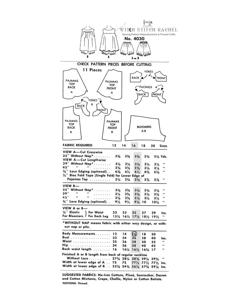 Size medium 1950s babydoll pajama sewing pattern, vintage women’s sleepwear set with shorts and airy tops, retro floral and pastel designs, printable PDF download