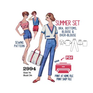 1950s Summer Set Sewing Pattern: Bra, Shorts, Pants, Overblouse (Digital Download)