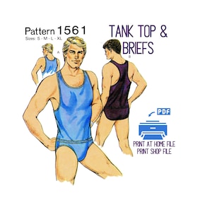 Op de afbeelding: Illustratie van een patroon voor een tanktop en slip, met het label "Pattern 1561". De afbeelding toont een blauwe tanktop en slip, en een donkerpaarse tanktop en slip. Tekst bevat "TANK TOP & BRIEFS" en "PRINT AT HOME FILE PRINT SHOP FILE".