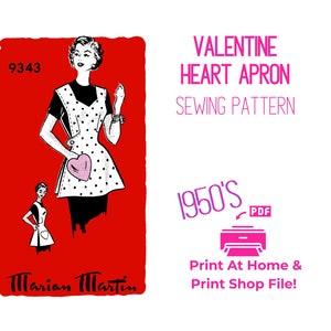 Patron de couture PDF de tablier chérie Saint-Valentin 9343 Marian Martin Tablier coeur mode des années 1950 Tablier vintage des années 1950