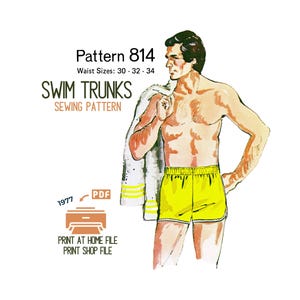 May include: Vintage sewing pattern for swim trunks, pattern 814, with waist sizes 30-34 inches. The image shows a yellow pair of swim trunks with white trim. Includes a PDF file option for printing at home or at a print shop.