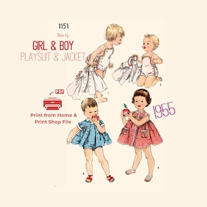 May include: Vintage sewing pattern illustration featuring children's playsuits and a jacket. The image includes drawings of a playsuit with a jacket, a playsuit with a bib, and a red gingham dress. Text includes "GIRL & BOY PLAYSUIT & JACKET" and "1955".