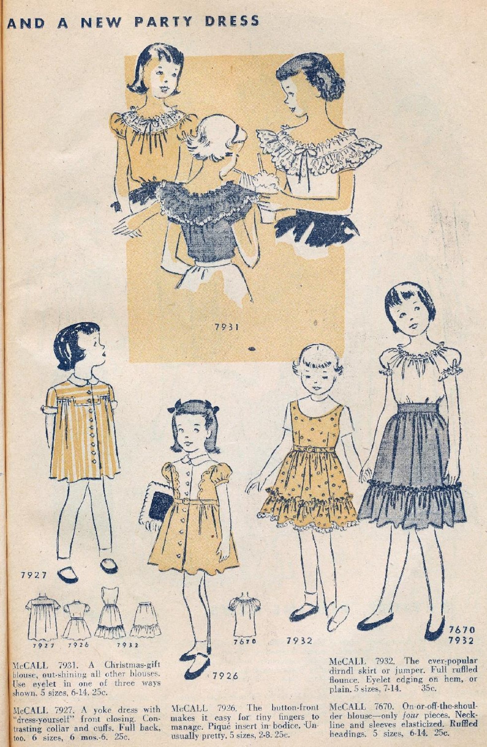 Pattern 7927 Child's Dress Sewing Pattern (digital Download) Size 2 From 1949 Mccall ...