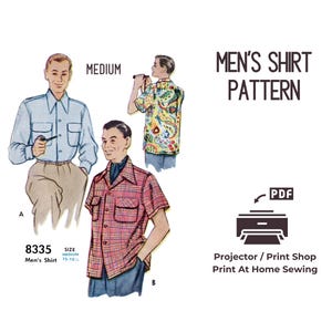 May include: A printable PDF pattern for a men's shirt. The pattern includes instructions for sewing a shirt with a button-down collar and short sleeves. The pattern is available in a medium size.