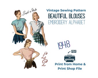 Vintage 1940s Blouse Sewing Pattern: Hand Embroidery Alphabet (PDF) Bust 32