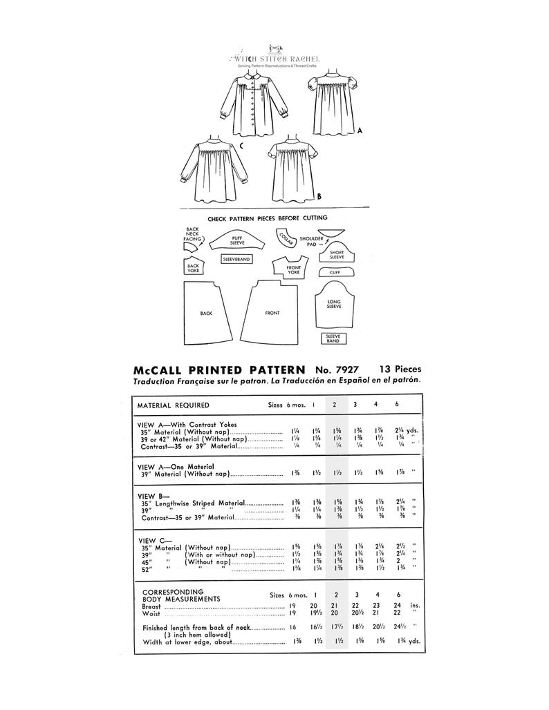Pattern 7927 Child's Dress Sewing Pattern (digital Download) Size 2 From 1949 Mccall ...