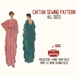 Pode incluir: Um padrão de costura de caftan com ilustrações de dois vestidos fluidos, um rosa e outro verde-azulado. O texto "CAFTAN SEWING PATTERN ALL SIZES" é exibido em vermelho. Texto adicional indica opções de PDF e impressão.