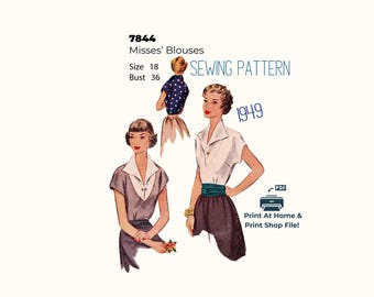 May include: A 1949 sewing pattern for misses' blouses, number 7844, size 18, bust 36. The illustration shows three blouse variations with short sleeves and collars, including a white blouse, a grey blouse, and a blue polka dot blouse. Includes PDF icon.