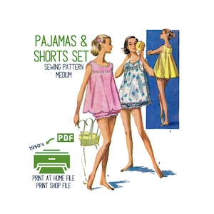 May include: Illustration of a vintage pajama and shorts set sewing pattern. The image shows three women in different pajama sets, with the text "PAJAMAS & SHORTS SET" and "SEWING PATTERN MEDIUM". Includes the text "PRINT AT HOME FILE PRINT SHOP FILE".