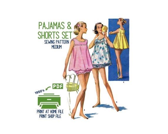 1950s Babydoll Pajamas Sewing Pattern: Vintage Bloomers, Shortie Set (Digital Download) B36 Medium