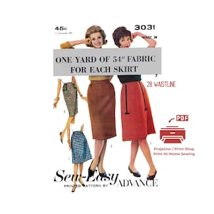 1960s Skirt Sewing Pattern: Easy One-Yard Design (PDF Pattern) Waist 28