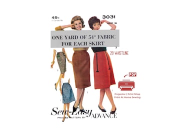 1960s Skirt Sewing Pattern: Easy One-Yard Design (PDF Pattern) Waist 28