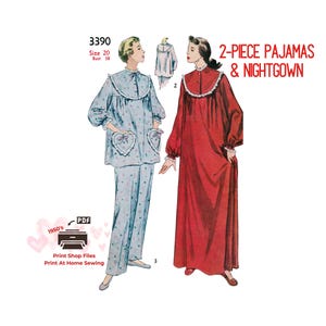 Patrón de costura para pijama y camisón de franela de los años 50, talla de busto 38 (descarga digital)