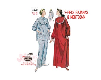 Jaren 50 Flanellen pyjama's en nachtjapon naaipatroon buste 38 (digitale download)