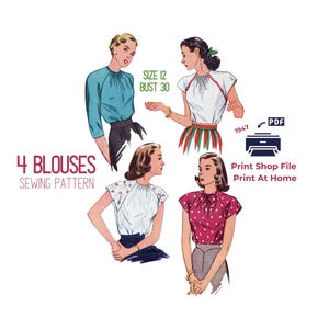 Modello di cucito per camicetta raglan anni '40, stile vintage (PDF) Busto 30