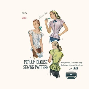 1940s Peplum Blouse Sewing Pattern: Vintage Style (PDF Pattern)