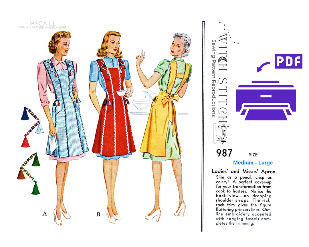 Vintage Apron Sewing Pattern Printable PDF - M #987 - Etsy Canada