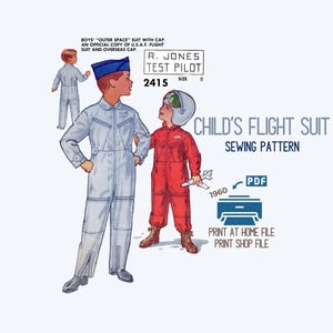 May include: Vintage sewing pattern for a child's flight suit. The illustration shows a boy in a light gray flight suit and another in a red flight suit. The text reads "Child's Flight Suit Sewing Pattern" and "R. Jones Test Pilot 2415".