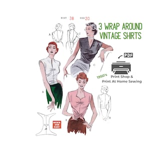 Patrón de costura para blusa cruzada de los años 50: Top vintage con lazo frontal (patrón en PDF)