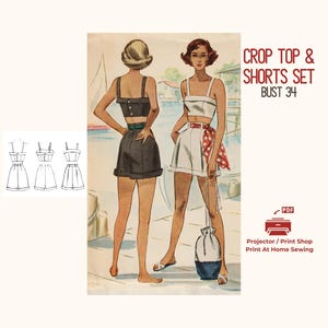 Cartamodello per top corto e pantaloncini anni '40 (download digitale) Busto 34, abbigliamento da spiaggia, outfit da festival