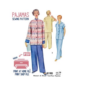 May include: Vintage pajama sewing pattern from 1950. The illustration shows three pajama sets in different colors. The main set is a long-sleeved top with a patterned design and blue pants. The pattern includes instructions for a two-piece pajama set.