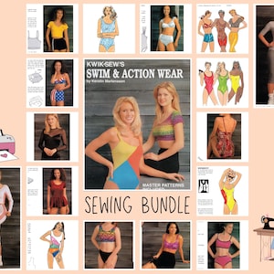 Può includere: Un collage di immagini con modelli di cucito di costumi da bagno e abbigliamento sportivo. L'immagine centrale mostra un libro di modelli di cucito intitolato "KWIK-SEW'S SWIM & ACTION WEAR" con modelle in costumi da bagno colorati. Altre immagini includono illustrazioni e foto.