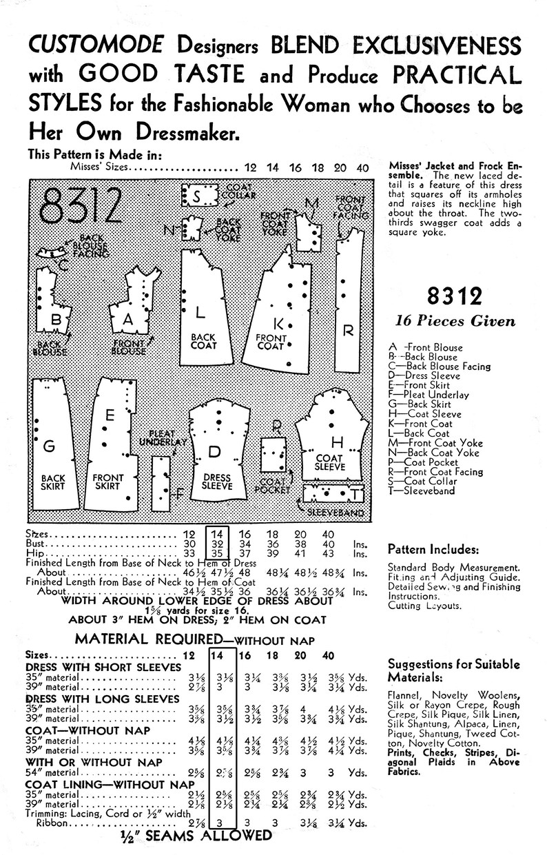 Patrón de costura para vestido y abrigo de los años 30, Customode 8312 ...