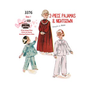 Naaipatroon jaren 50 pyjama's en nachtjapon meisjes - maat 1 (digitale pdf-download)