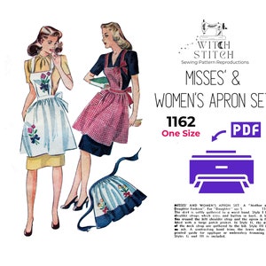 May include: Vintage sewing pattern for a Misses' and Women's Apron Set, pattern number 1162, one size, in PDF format. The pattern features two women wearing aprons, one with a floral design and the other with a checkered pattern.