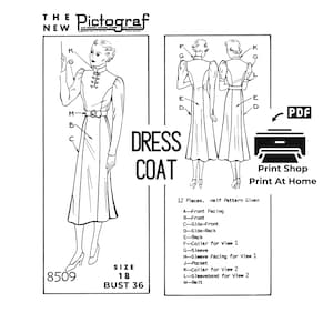 1930s Dress Coat Sewing Pattern: Mandarin Collar, Bust 36 (Digital Download)