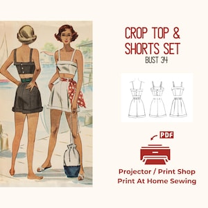 1940s Crop Top & Shorts Sewing Pattern: McCall 7262 (PDF Download Bust 34
