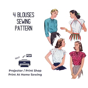 Könnte beinhalten: Illustration eines Schnittmusters für vier Blusen. Das Bild enthält Zeichnungen der Blusen, jede mit einem anderen Design. Der Text lautet "4 Blouses Sewing Pattern" und "Projector / Print Shop Print At Home Sewing."