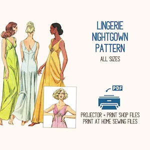 Ladies&#39; Nightgown Lingerie Slip Sewing Pattern PDF Digital Reproduction 1970s Fashion Underwear Sewing Pattern
