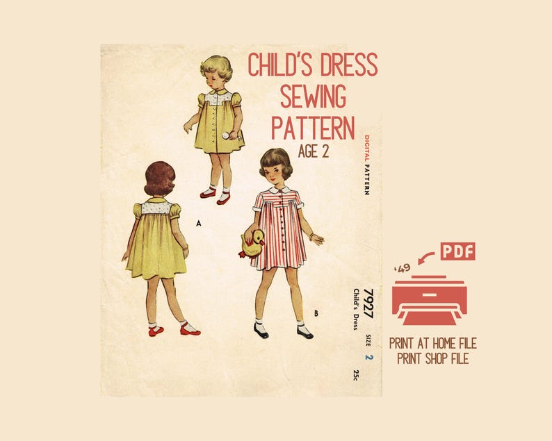 Pattern 7927 Child's Dress Sewing Pattern (digital Download) Size 2 From 1949 Mccall ...