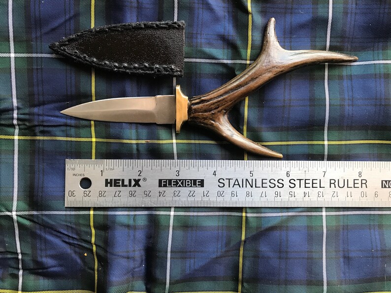 handsewn leather sheath Scottish Sgian Dhu with an authentic Scottish Roe Deer antler handle stainless steel bl