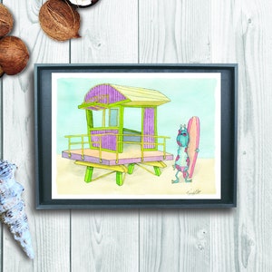 Acuarela extraterrestre de playa, puesto de salvavidas clásico, impresión en acuarela y tinta.