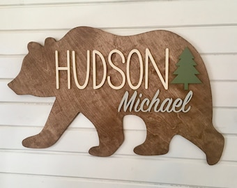 26" Large Wood Bear Name Sign | Nursery Decor |  Mountain Woodland Forest Animal l Baby Boy | Kids Room l Baby Shower Gift | Personalized