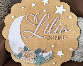 Floral Scalloped edge moon and stars nursery Name Sign: 3D Whimsical Wooden Nursery Decor