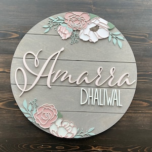Custom Wood baby Name Sign | Round Sign | Floral | shiplap | peony | Nursery Wall Art | Baby Shower Gift  | Girls room decor