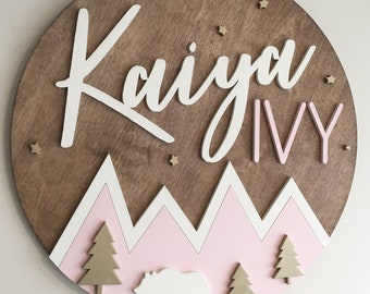 24" Personalized Wood Name Sign | 24" Round | Mountain Bear Woodland nursery Decor | Nursery Wall Art | baby girl | Baby Shower Gift | board