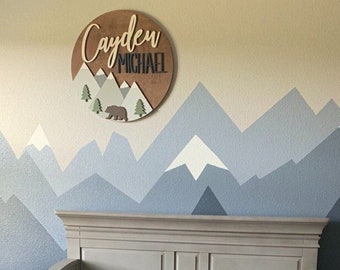 24" Mountain Wood Name Sign | 24" Round Sign | Nursery | Bear | Woodland | Baby Shower Gift | Baby | Boy | Kids room Decor | Personalized