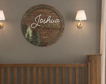 Forest Tree Woodland Nursery Name Sign Personalized 3D Round Wooden Board : Evergreen and Bear Nursery Decor