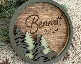 Personalized Christmas ornament | Bear | Forest | woodland | rustic | Baby's First Christmas | First Christmas Married | Wood | Stocking tag