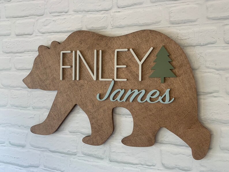 26 Large Wood Bear Name Sign Nursery Decor Mountain Woodland Forest Animal l Baby Boy Kids Room l Baby Shower Gift Personalized image 5