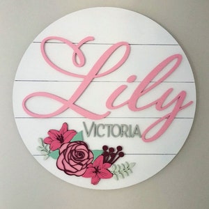 Floral Lily Rose Baby Name Sign: Wooden Nursery Decor Wall Art 3d Name and Flowers Custom Colours