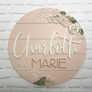24"Custom Wood baby Name Sign | Round Sign | Floral | shiplap | rose | Nursery Wall Art | Baby Shower |blush pink | Girls | vintage