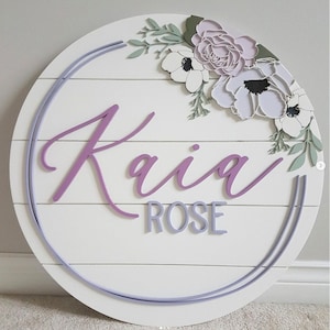 Custom Wood baby Name Sign | Round Sign | Floral | shiplap | peony | anenome | Nursery Wall Art | Baby Shower Gift  | Girls room decor