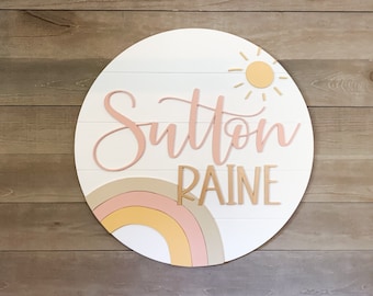 Custom rainbow sunshine wooden  Name Sign | Round Sign | Floral | shiplap | Boho nursery decor | Nursery | Baby Name Sign | Girls