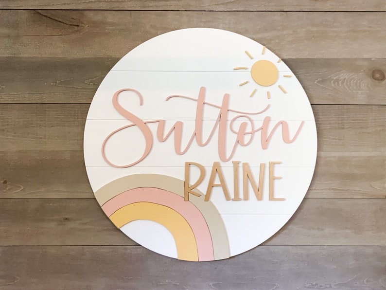 Nursery shiplap Girls Custom rainbow sunshine wooden Name Sign Floral Round Sign Boho nursery decor Baby Name Sign